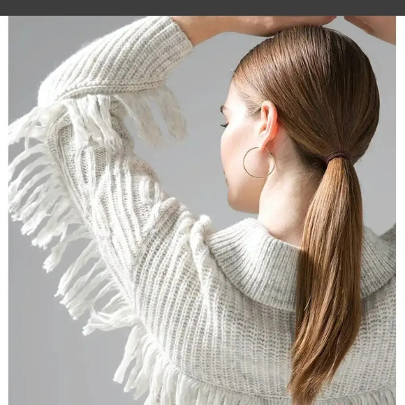 WHITE House Black Market Oversized Polo Sweater with Fringe Size XS - Picture 2 of 16